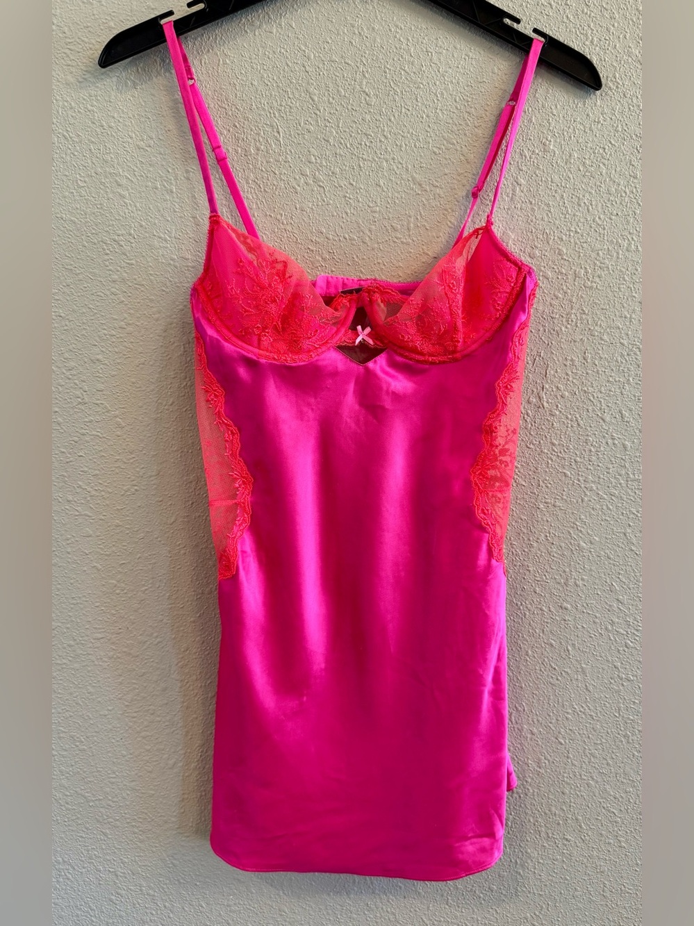 Victorias Secret Hot Pink Satin Lace Chemise Slip Dress Size 36B Y2K Coquette